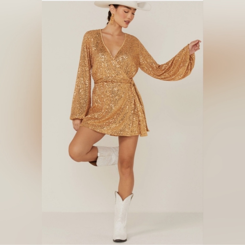 NWT Free People Christa Gold Sequin Long Sleeve Romper Size M
